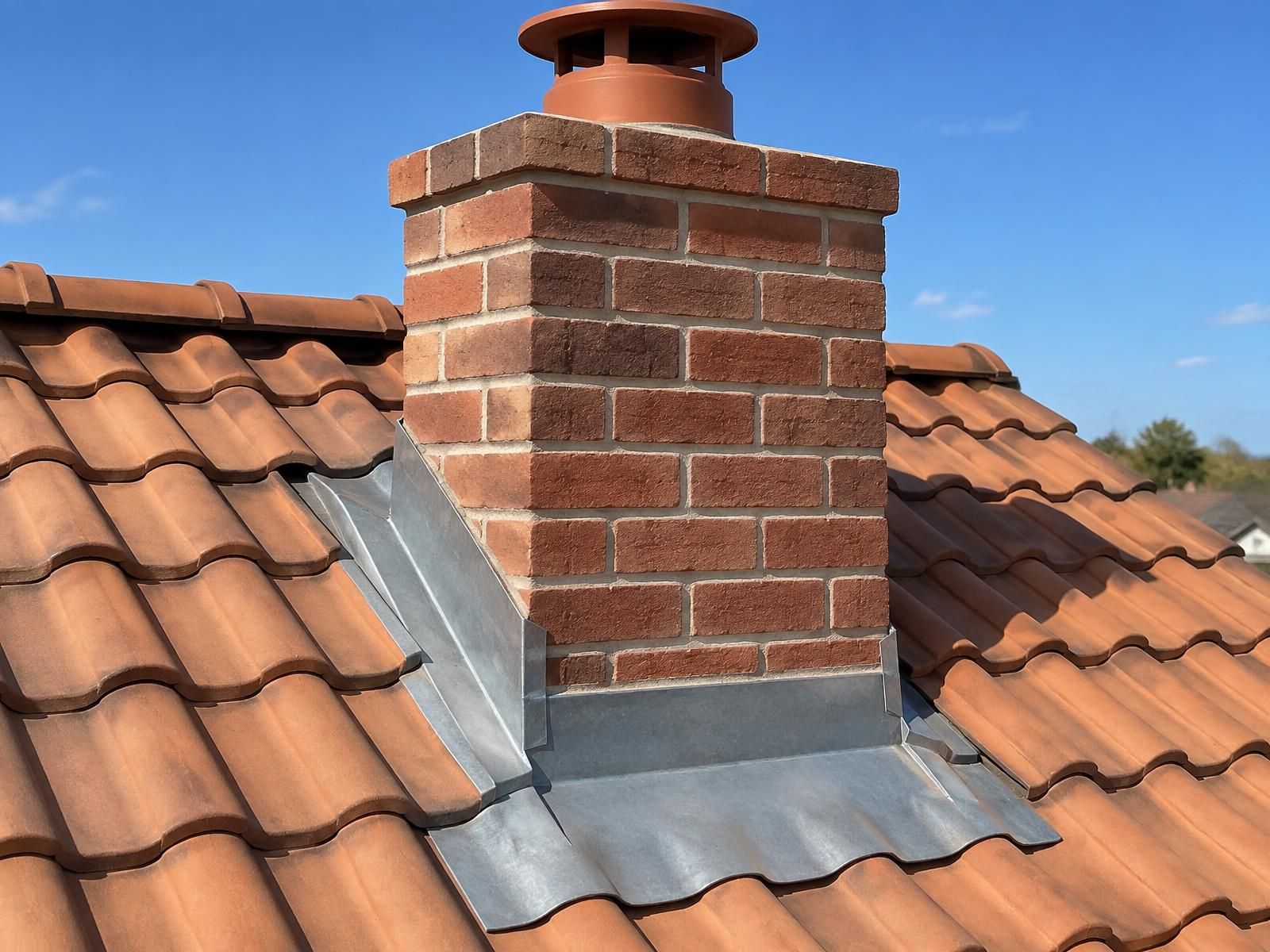 Bandes de zinc neuves pliées autour d'une souche de cheminée en brique, bavette rabattue sur les tuiles, ciel bleu